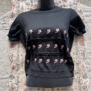 Moschino Cheap and Chic Y2K Black Knit Top With Pink Floral Embroidery